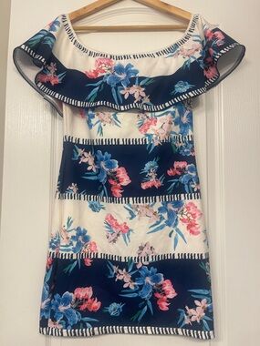 Floral Off-Shoulder Ruffle Dress in Navy & White large
